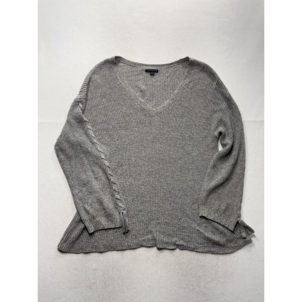 American Eagle Outfitters Sweater Womens XL Gray V Neck Tunic Tassel Knit Hem